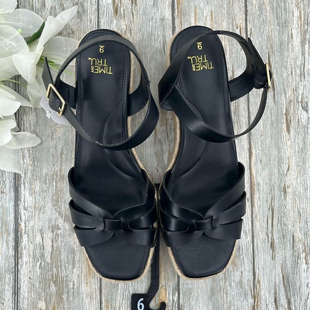 Women's Black Espadrille Wedge Sandals Shoes Size 9
